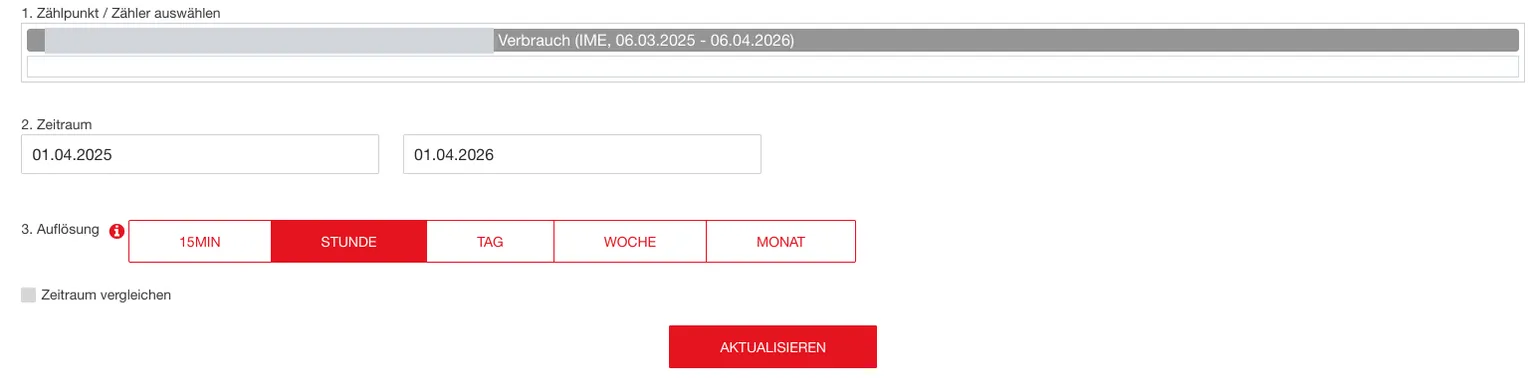 Auswahl von Zählpunkt, Zeitraum und Auflösung im IKB-Kundenportal