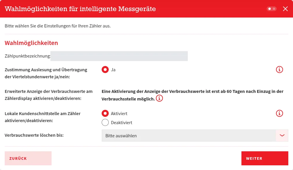 Dialog „Wahlmöglichkeiten für intelligente Messgeräte“ mit aktivierter lokaler Kundenschnittstelle