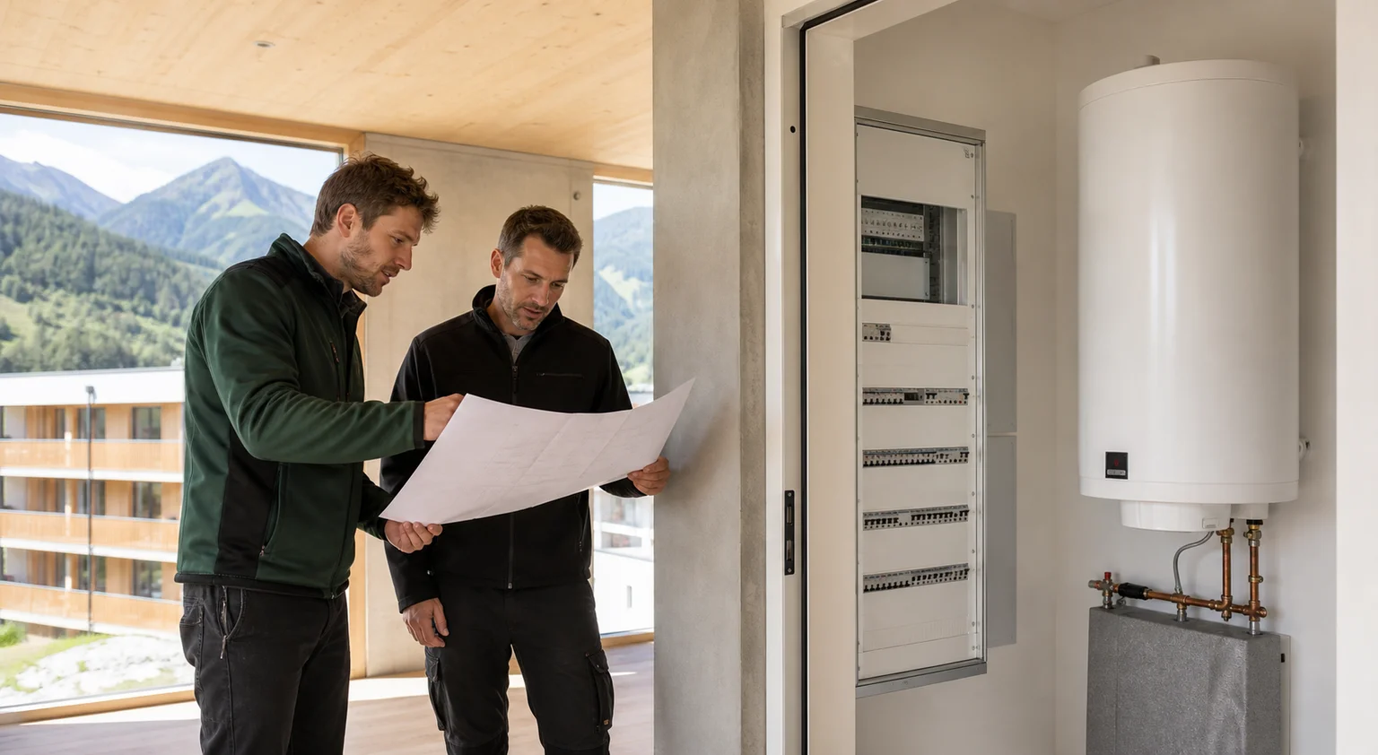 Elektroplaner und Projektleiter planen Boilersteuerung in einer neuen Mitarbeiterwohnung