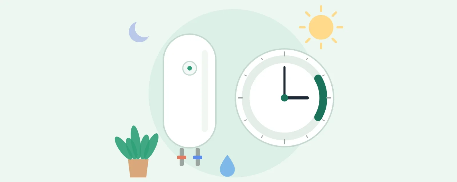 Illustration eines Elektroboilers neben einer Uhr mit markiertem Heizfenster, dazu Sonne und Mond