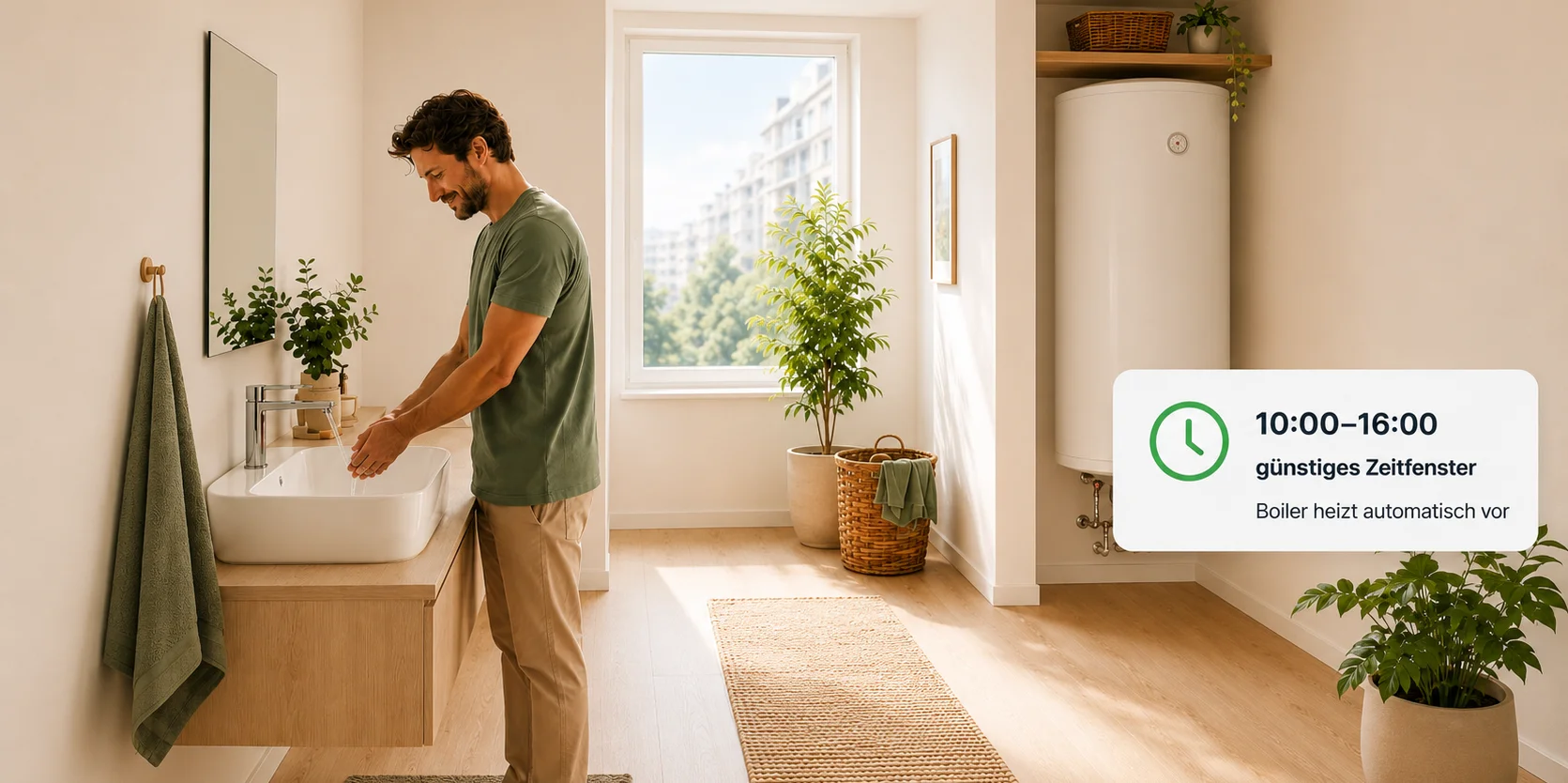Person nutzt warmes Wasser, während der Boiler automatisch im günstigen Zeitfenster vorheizt