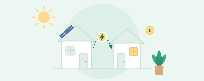 Illustration zweier Häuser, das linke mit Photovoltaik am Dach, verbunden über eine Stromleitung, darüber eine Sonne