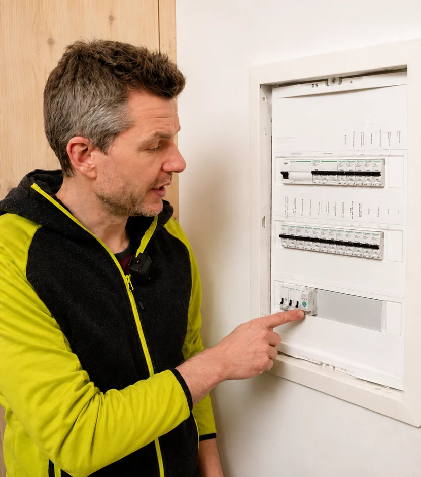 Elektriker erklaert die Boilersteuerung am Verteilerkasten
