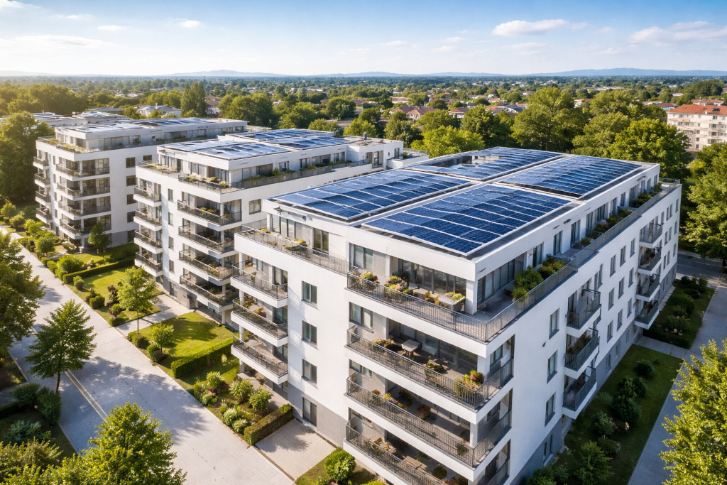 Modernes Mehrparteienhaus mit PV-Anlage auf dem Dach