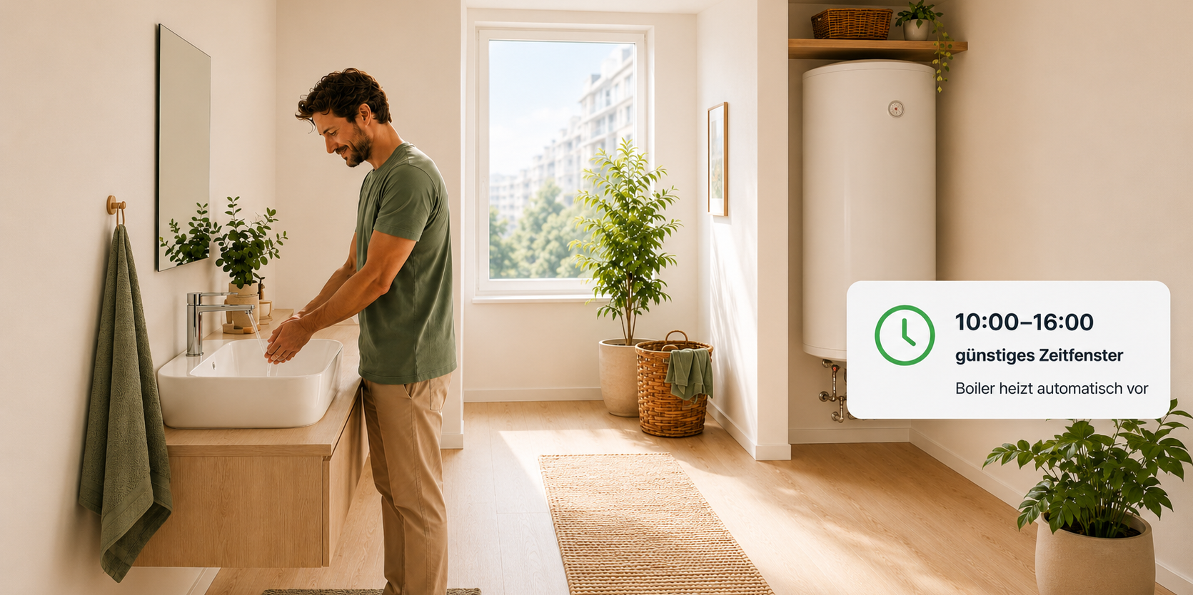 Person nutzt warmes Wasser, während der Boiler automatisch im günstigen Zeitfenster vorheizt